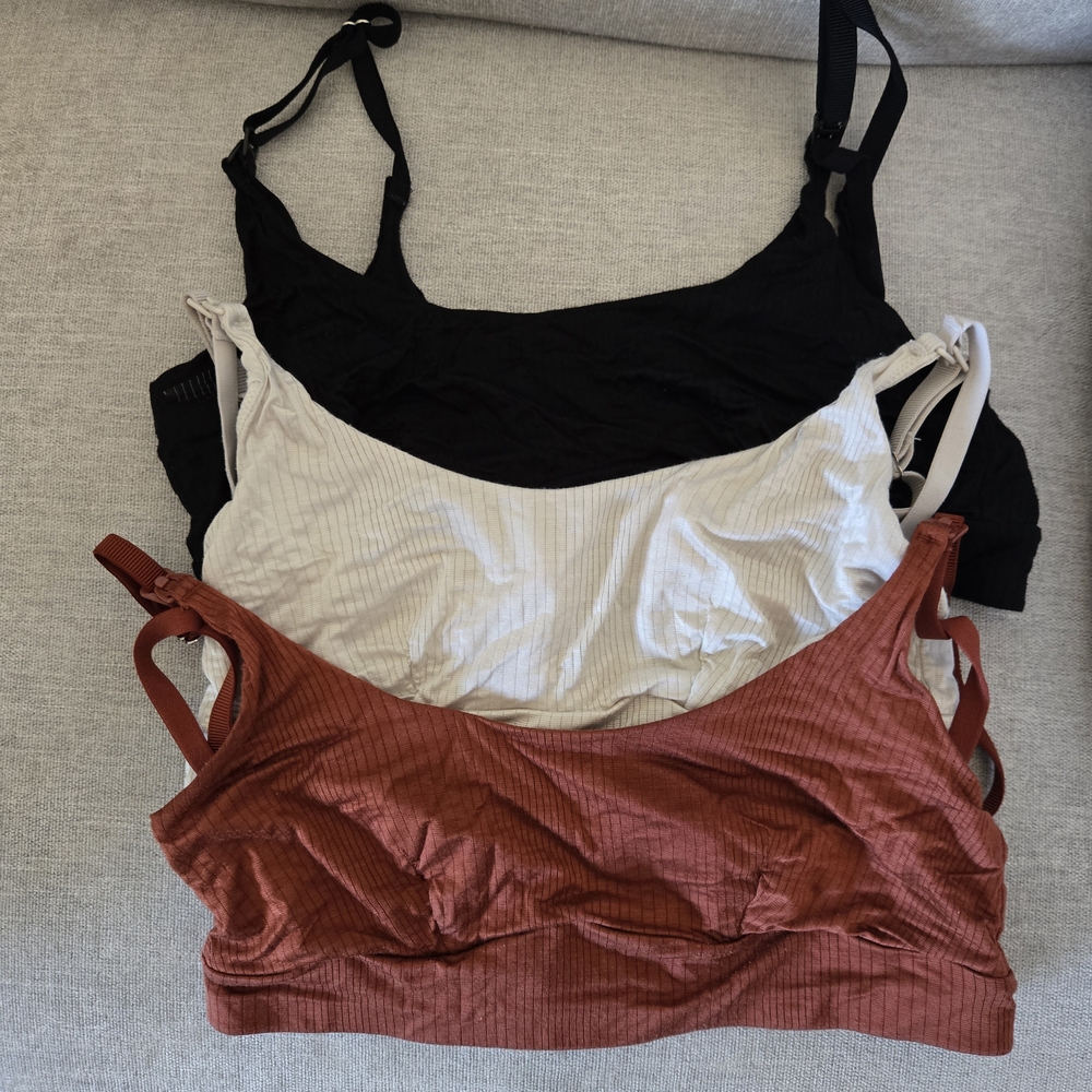 Set of Three Ribbed Bralettes in Black, White, and Rust